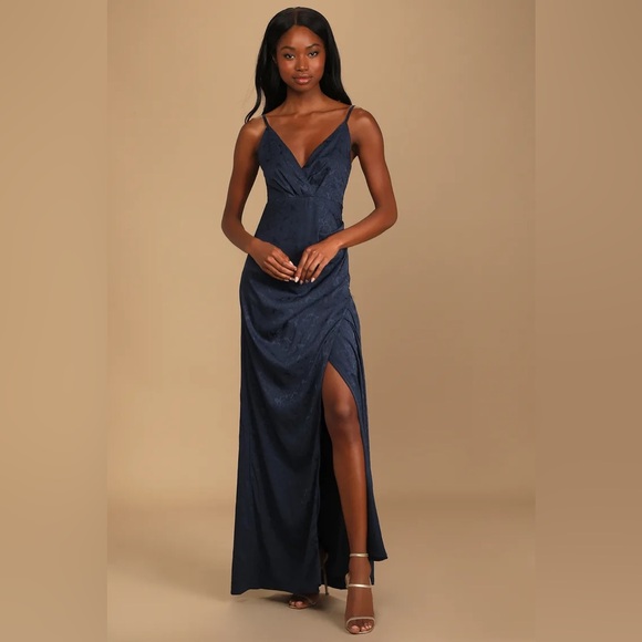 Navy Blue Floral Satin Jacquard Maxi Dress - Picture 1 of 4
